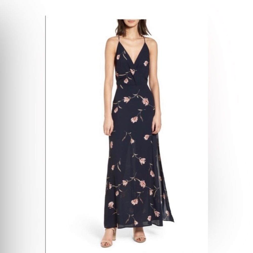 LUSH Navy Blue Floral Surplice Maxi Dress Side Slit Open Back Deep V  size XS